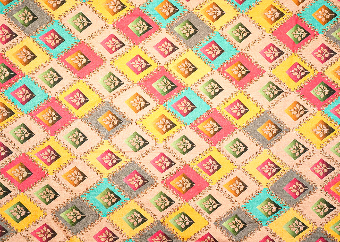 Beige Glaze Cotton Fabric with Allover Multi-Color Check Boxes 13908