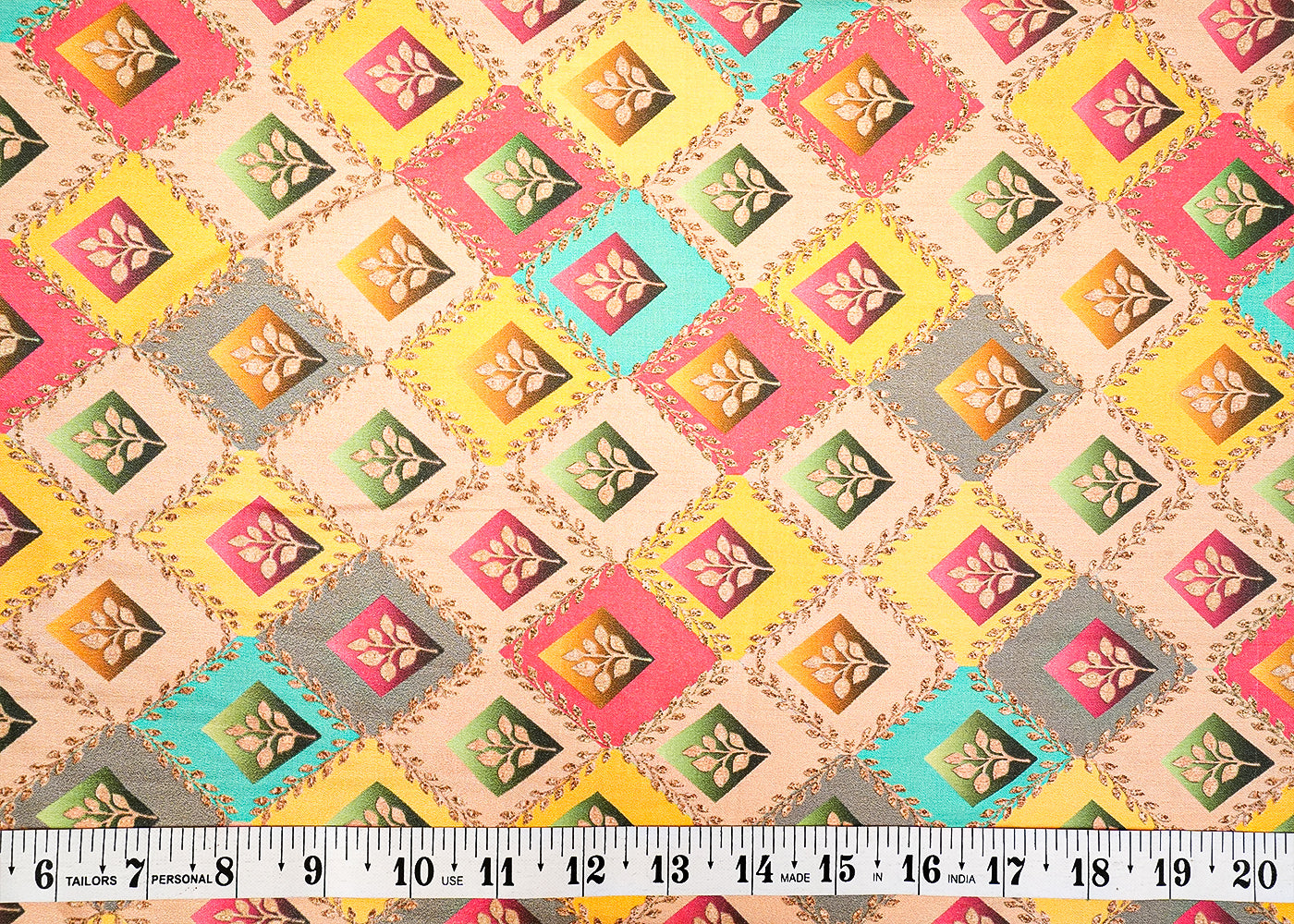 Beige Glaze Cotton Fabric with Allover Multi-Color Check Boxes 13908