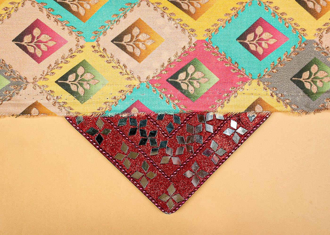 Beige Glaze Cotton Fabric with Allover Multi-Color Check Boxes 13908