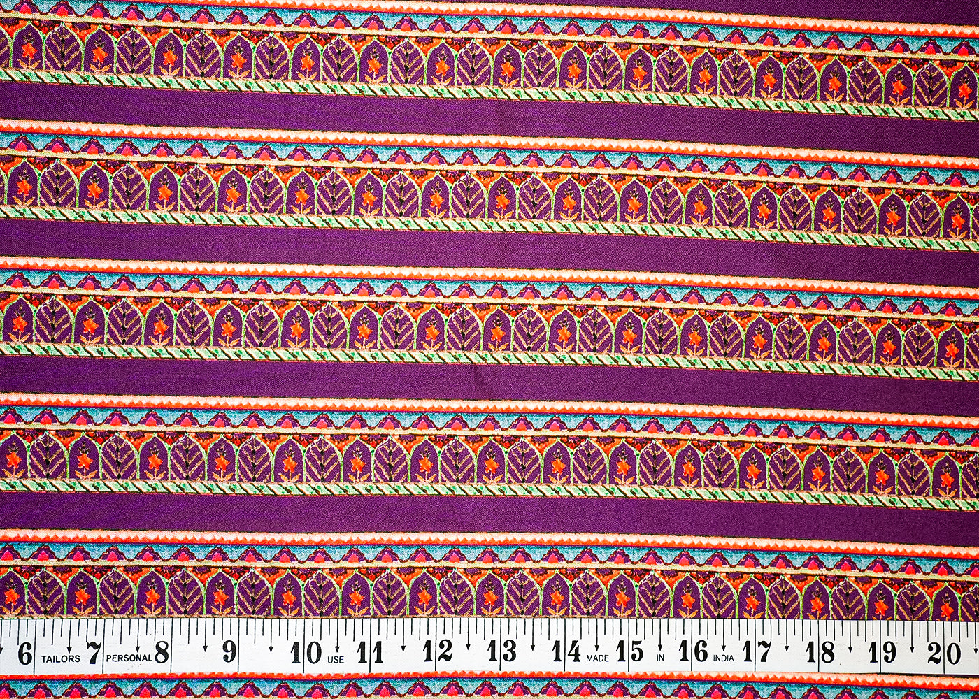 Purple Cotton Silk Fabric with Alternate Stripes and Leaf Print 13919