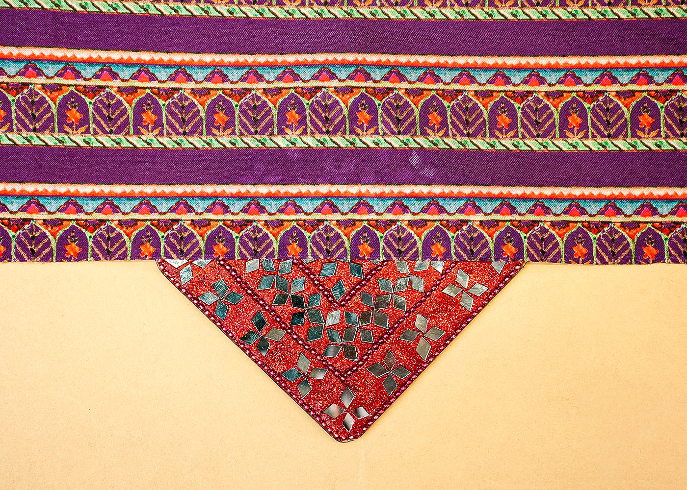 Purple Cotton Silk Fabric with Alternate Stripes and Leaf Print 13919