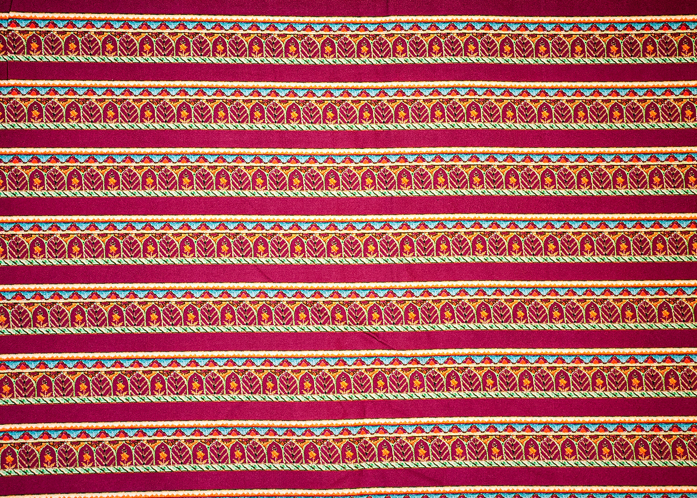 Wine Cotton Silk Fabric with Alternate Stripes and Leaf Print 13920