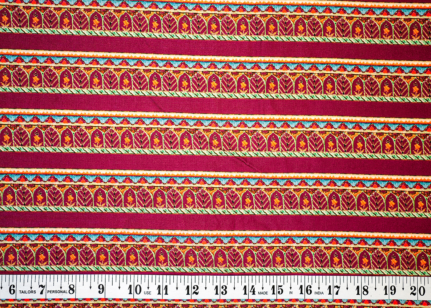 Wine Cotton Silk Fabric with Alternate Stripes and Leaf Print 13920
