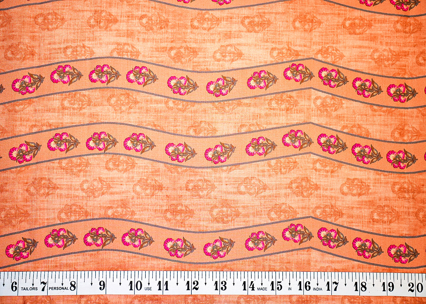 Light Brown Cotton Silk Fabric with Alternate Stripes and Flower Motif 13921