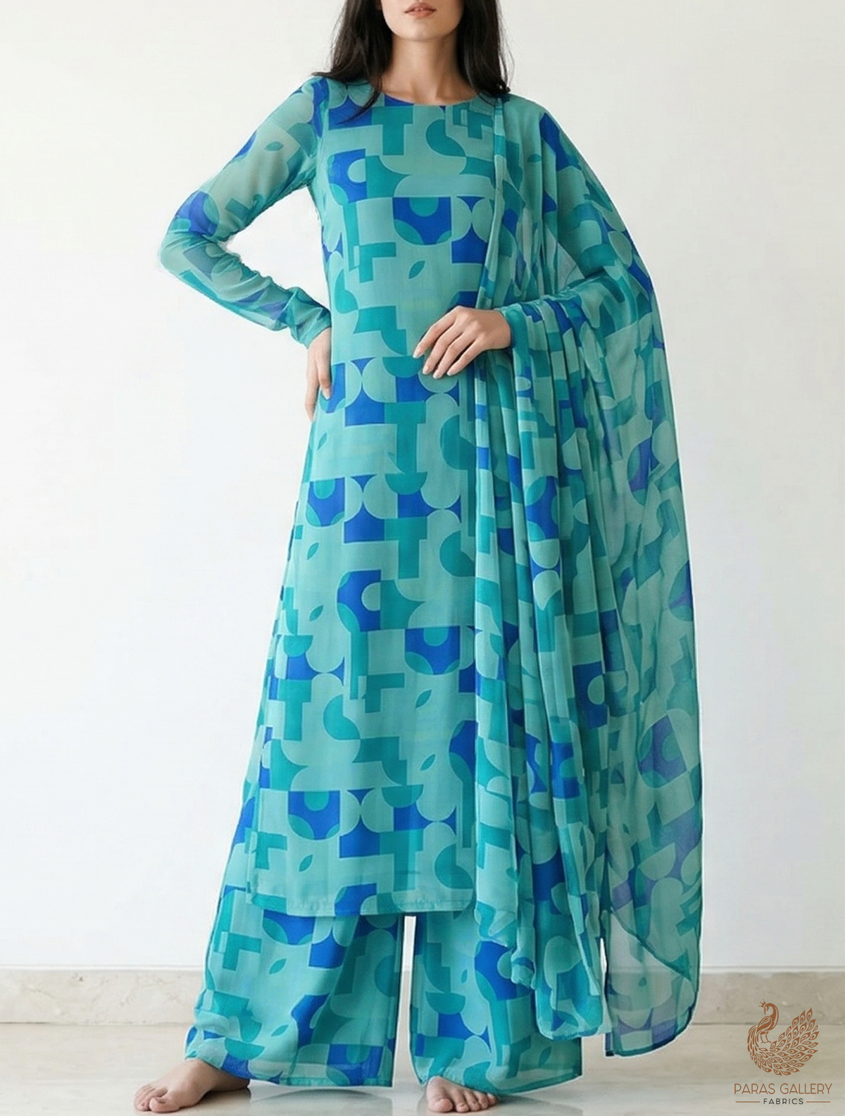 Firozi Cotton Silk Fabric with Allover Abstract Pattern 13922