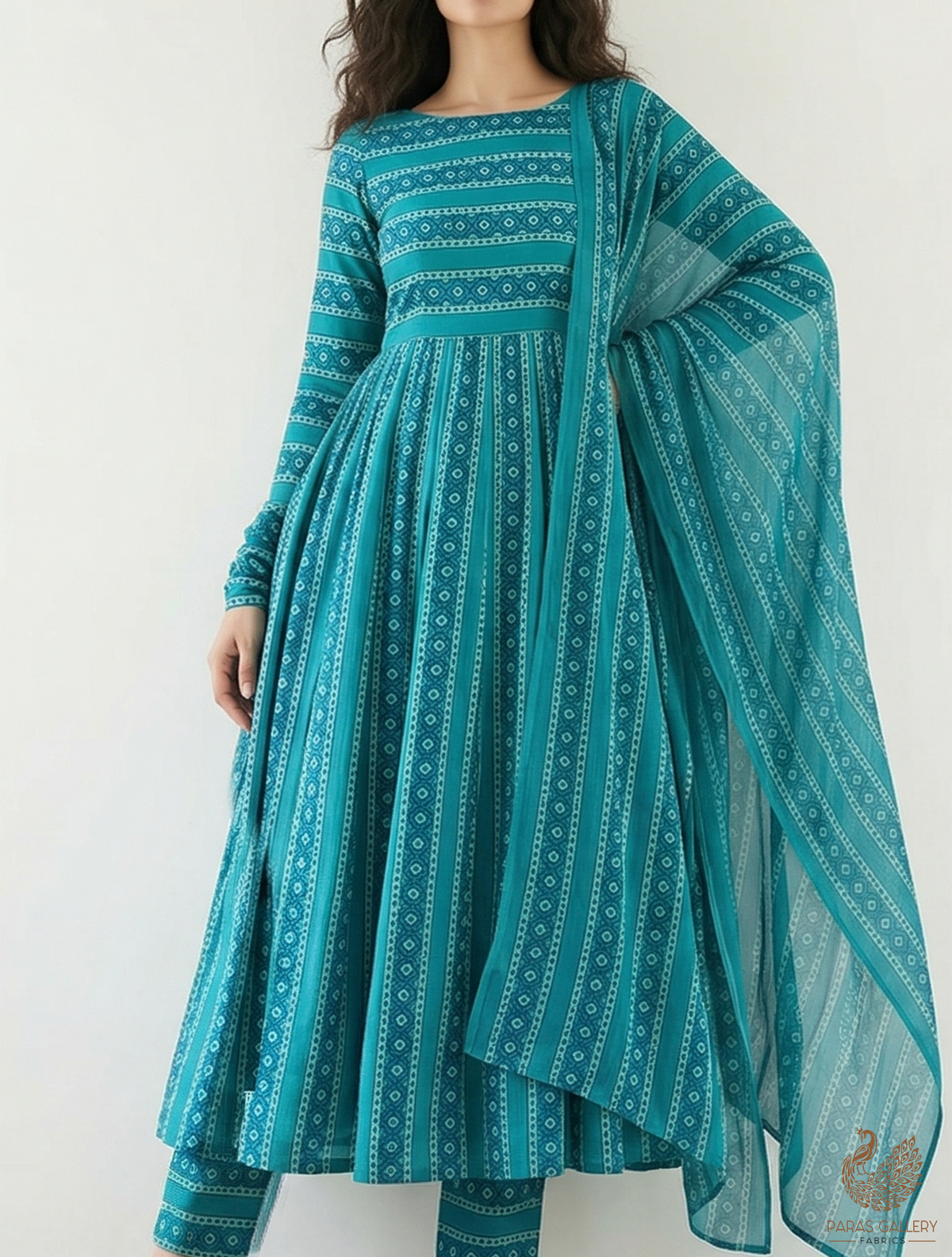 Firozi Cotton Silk Fabric with Alternate Stripes Print 13933