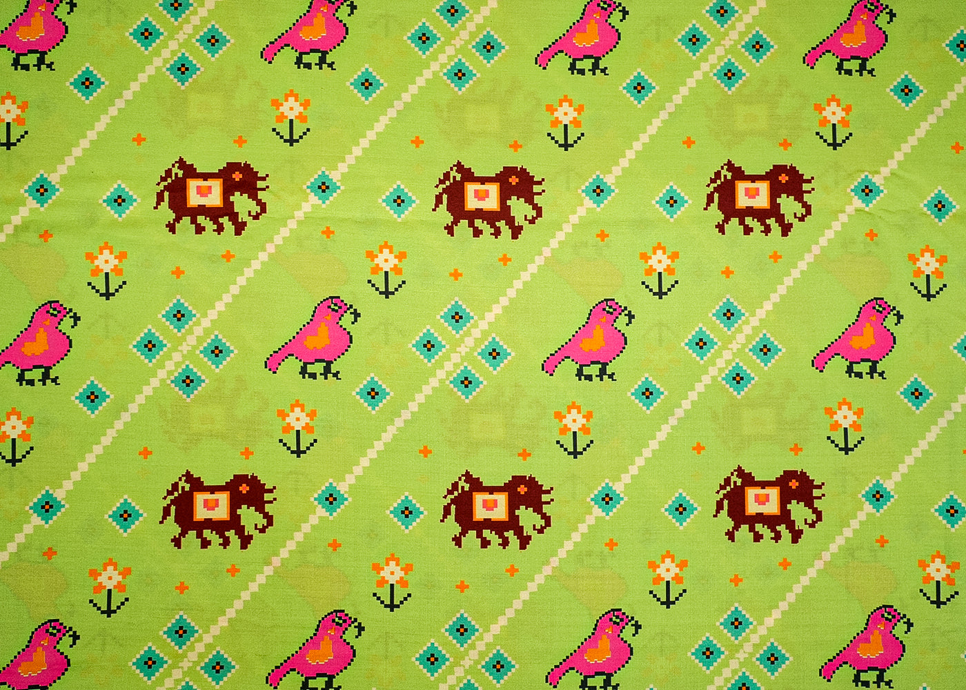 Parrot Green Cotton Silk Fabric with Allover Animal Prints 13946