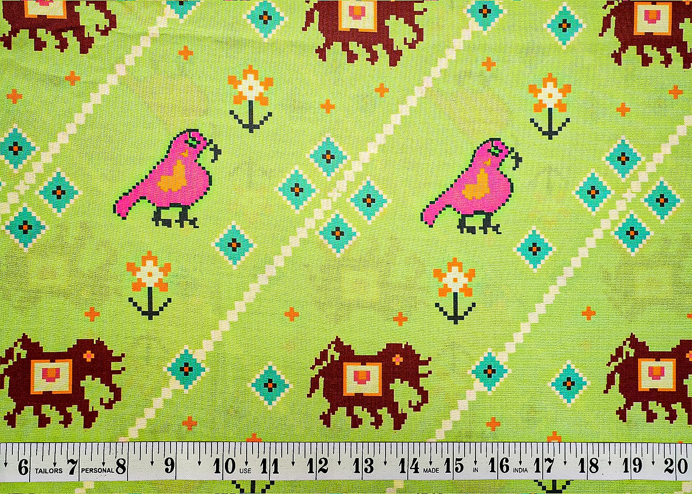 Parrot Green Cotton Silk Fabric with Allover Animal Prints 13946