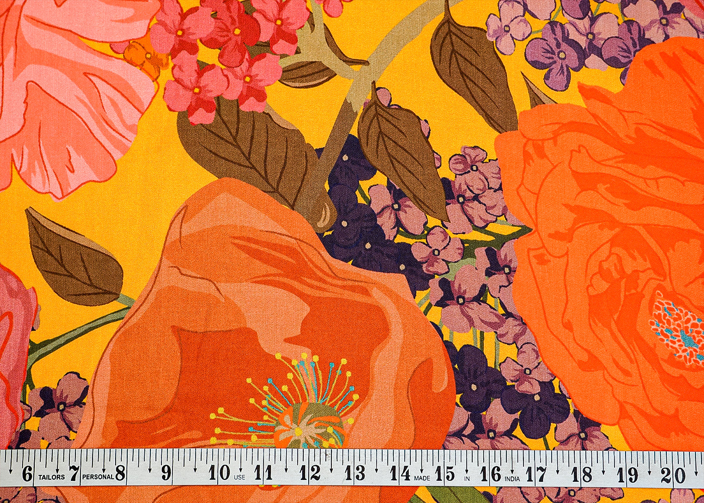 Yellow Moss Crepe Fabric with Allover Big Flower Motif 13949
