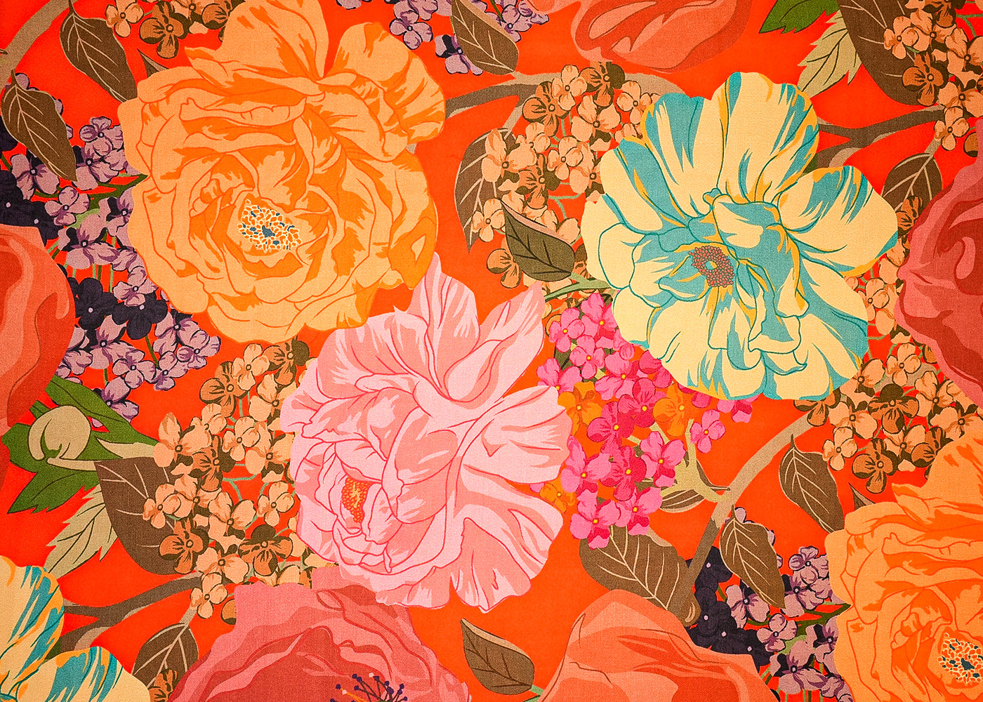 Orange Moss Crepe Fabric with Allover Big Flower Motif 13956