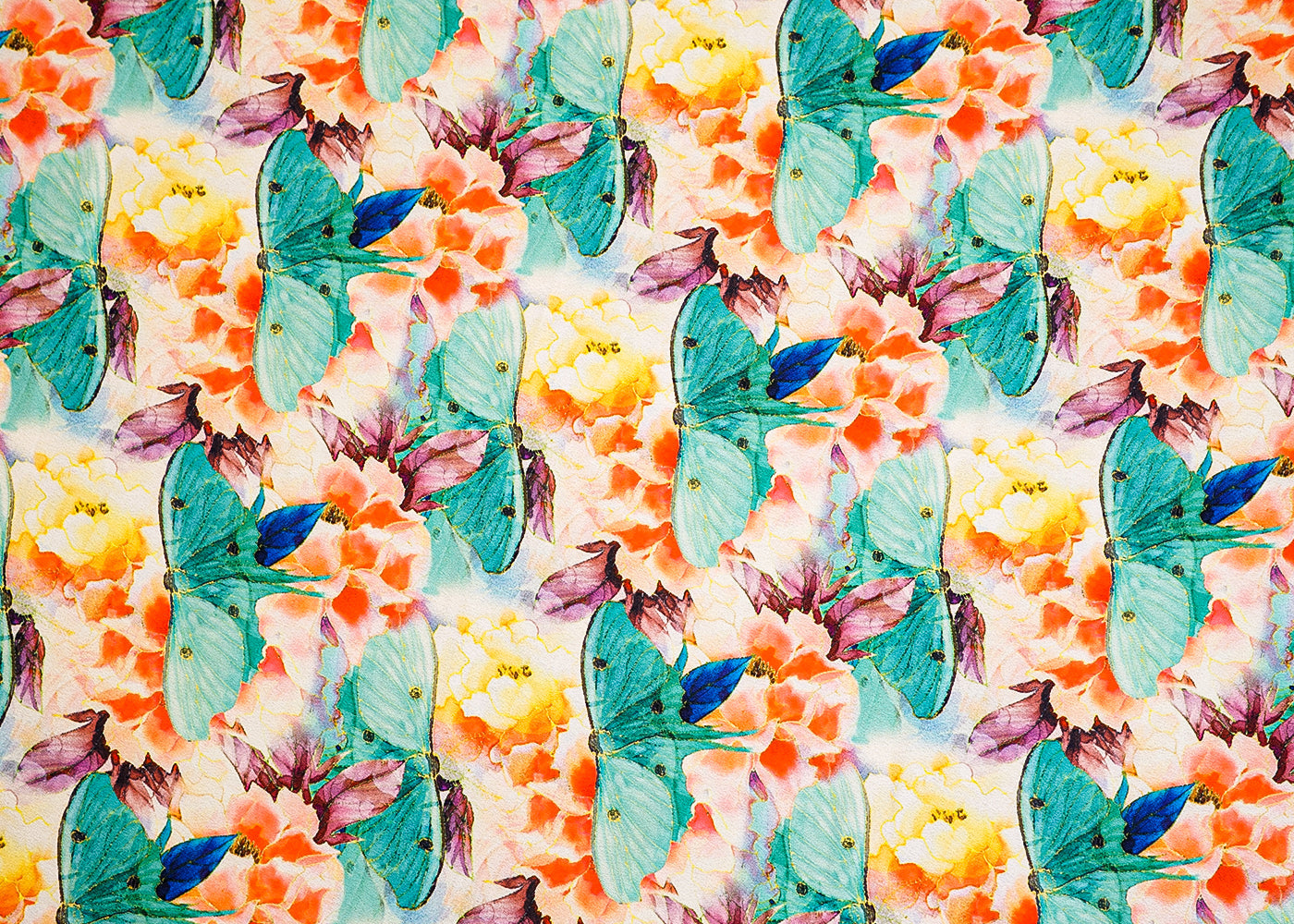 Mint Green Moss Crepe Fabric with Allover Abstract Flower and Butterfly Print 13959