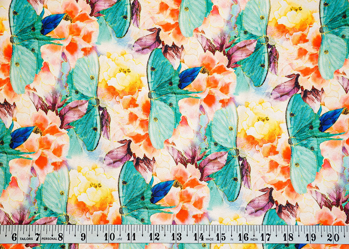 Mint Green Moss Crepe Fabric with Allover Abstract Flower and Butterfly Print 13959