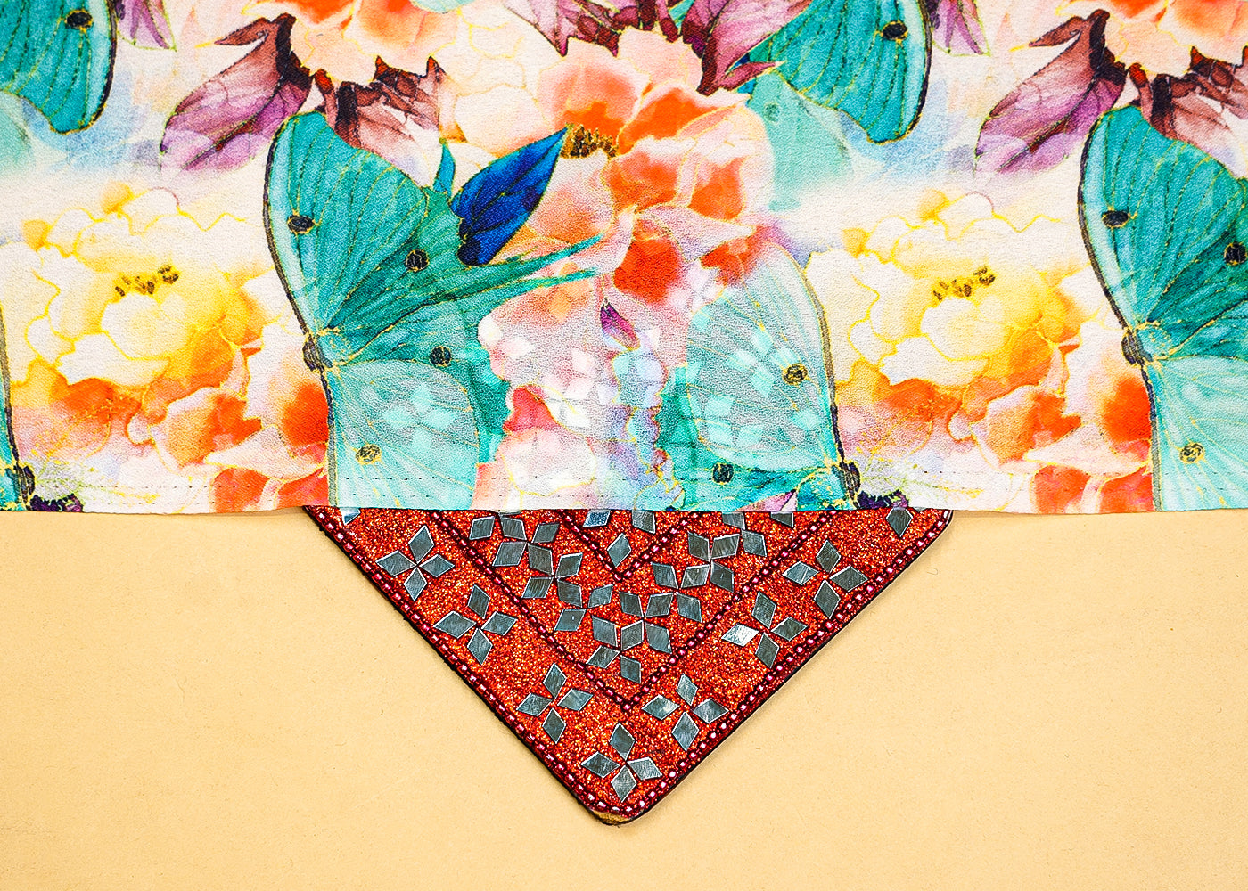 Mint Green Moss Crepe Fabric with Allover Abstract Flower and Butterfly Print 13959