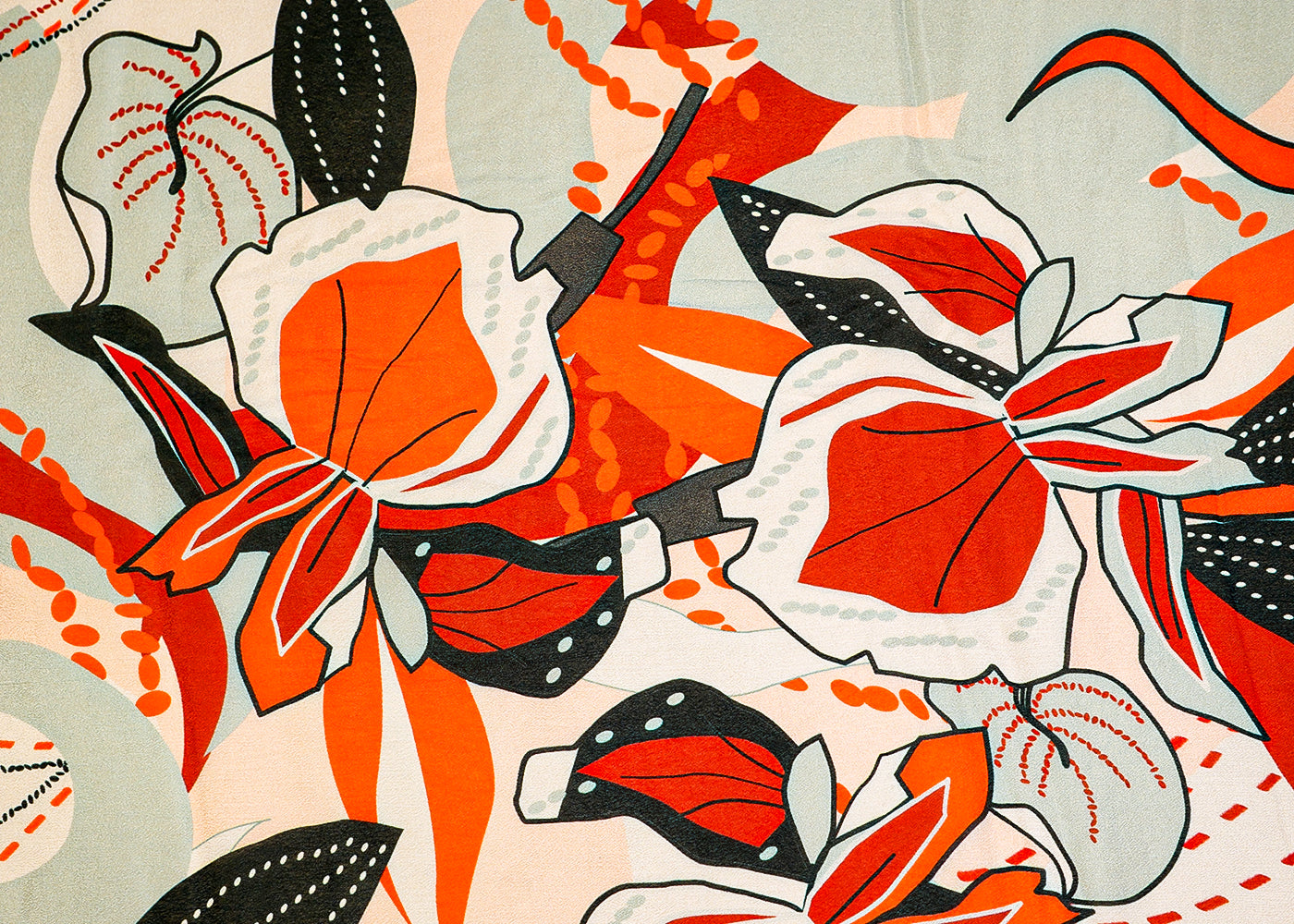 Orange & Red Chinon Chiffon Fabric with Allover Abstract Flowers and Leaves 13967
