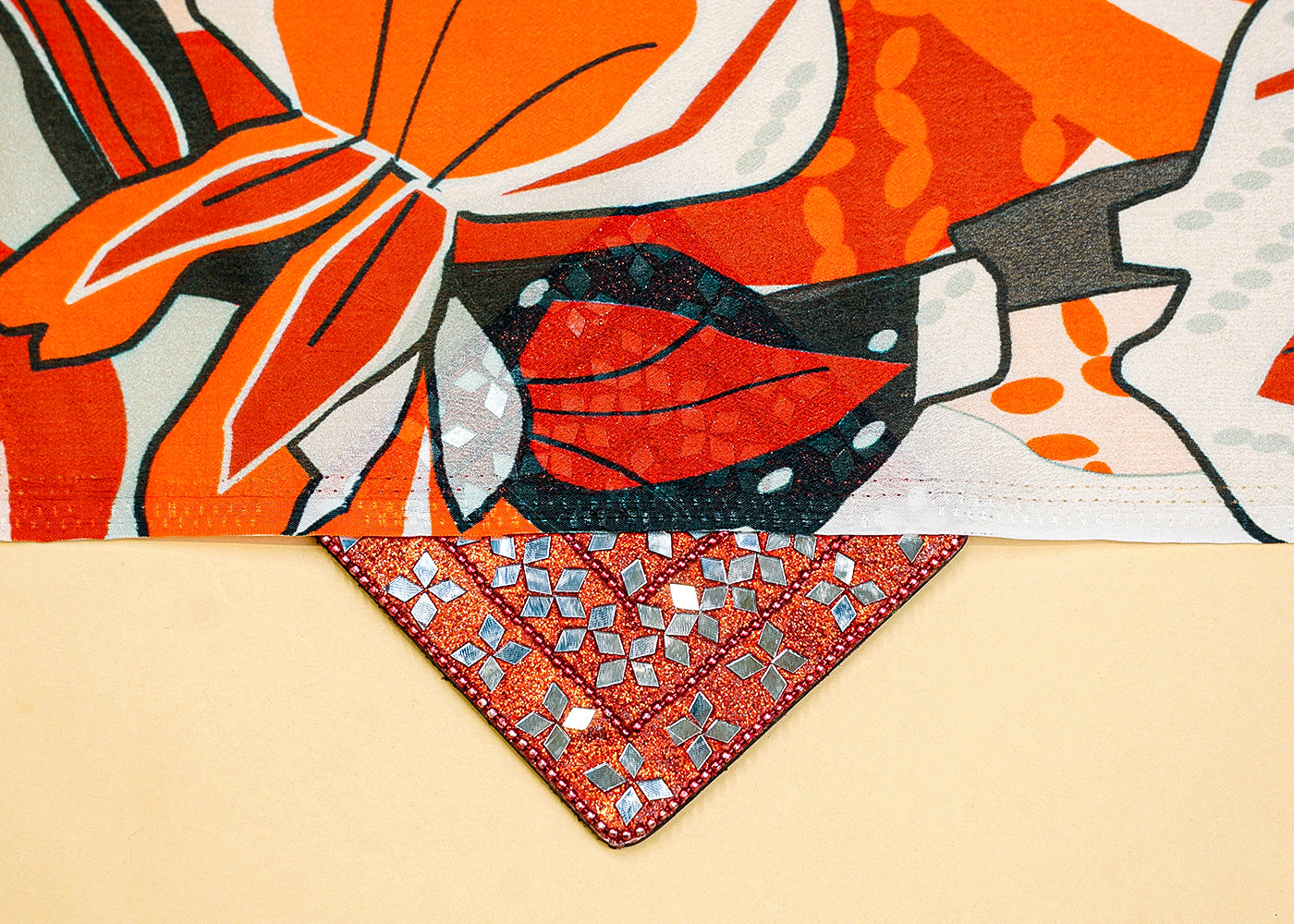 Orange & Red Chinon Chiffon Fabric with Allover Abstract Flowers and Leaves 13967
