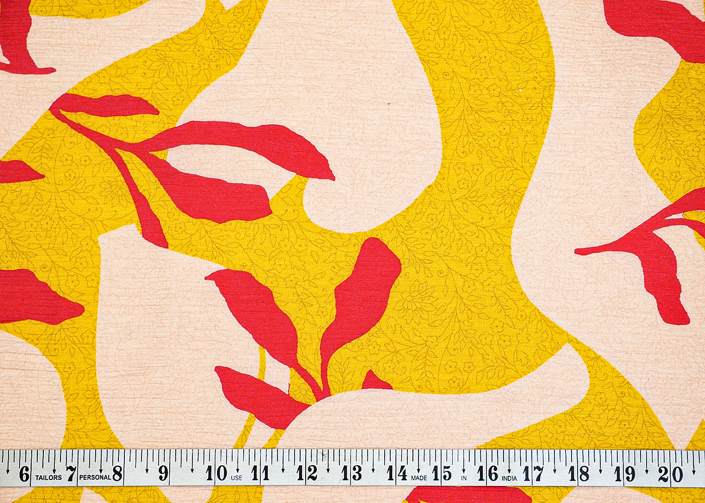 Yellow Chinon Chiffon Fabric with Allover Abstract Motif of Leaves and Different Shapes 13969