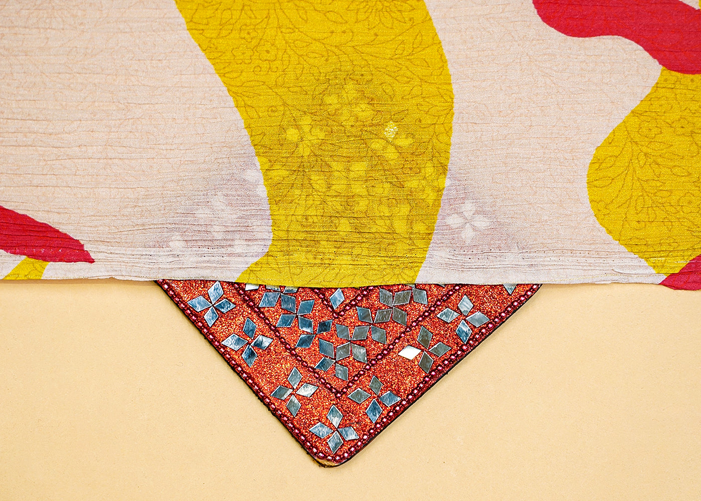 Yellow Chinon Chiffon Fabric with Allover Abstract Motif of Leaves and Different Shapes 13969