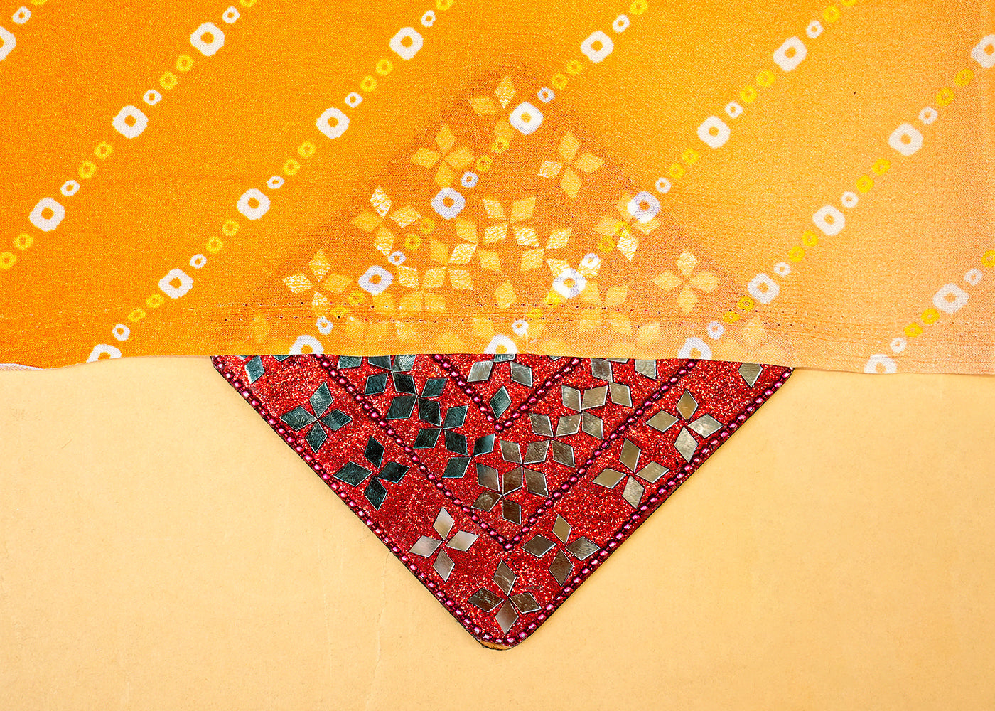 Orange Chinon Chiffon Fabric with Allover Tie & Dye Bandhani Print in Diagonal Lines 13975