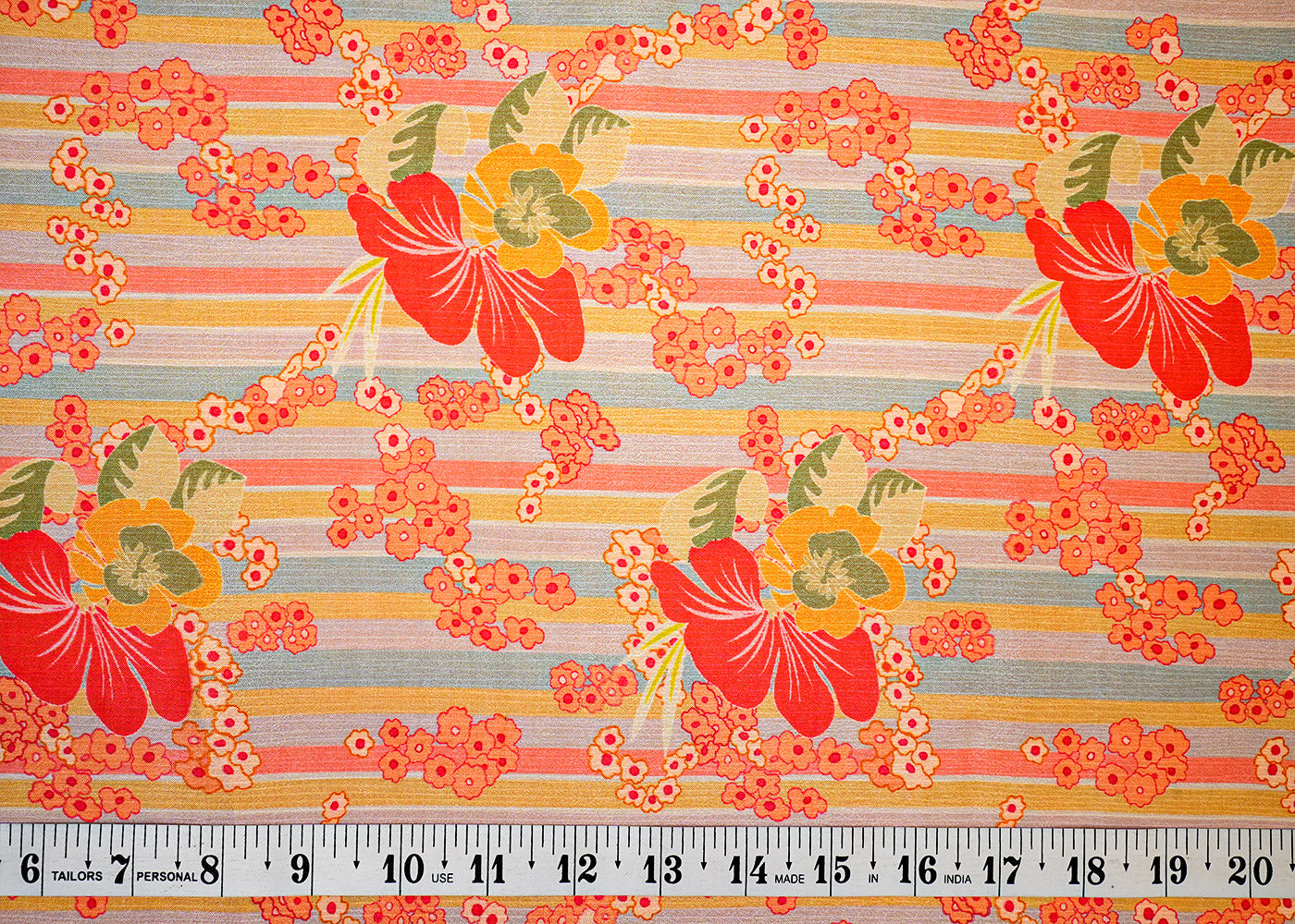 Hot Pink Chinon Chiffon Fabric with Multi-Colored Striped Base and Allover Floral Motifs 13976