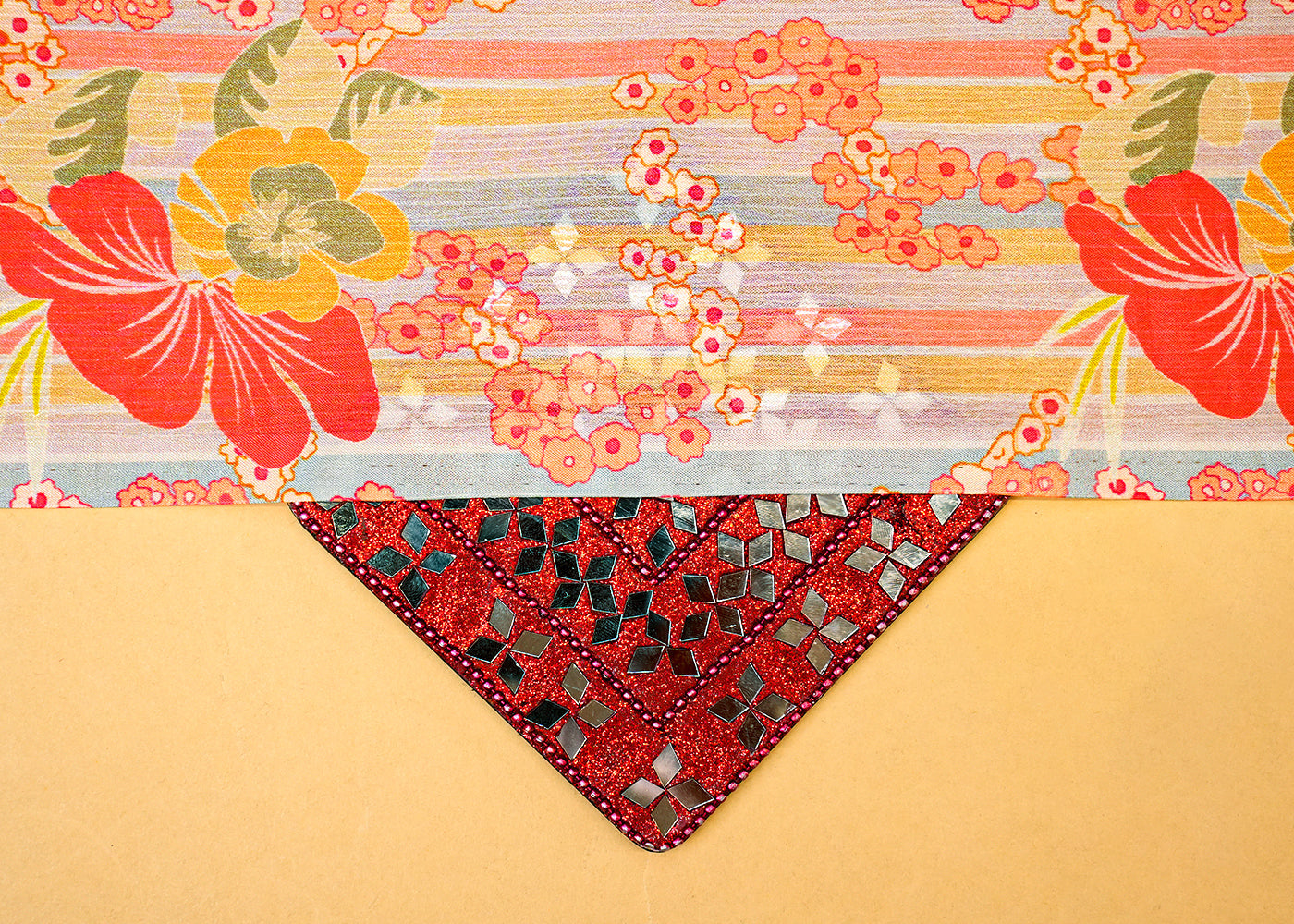 Hot Pink Chinon Chiffon Fabric with Multi-Colored Striped Base and Allover Floral Motifs 13976
