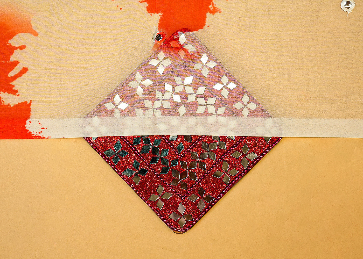 Orange Fox Georgette Fabric with Allover Color Patches and Faux Mirror Work 13985