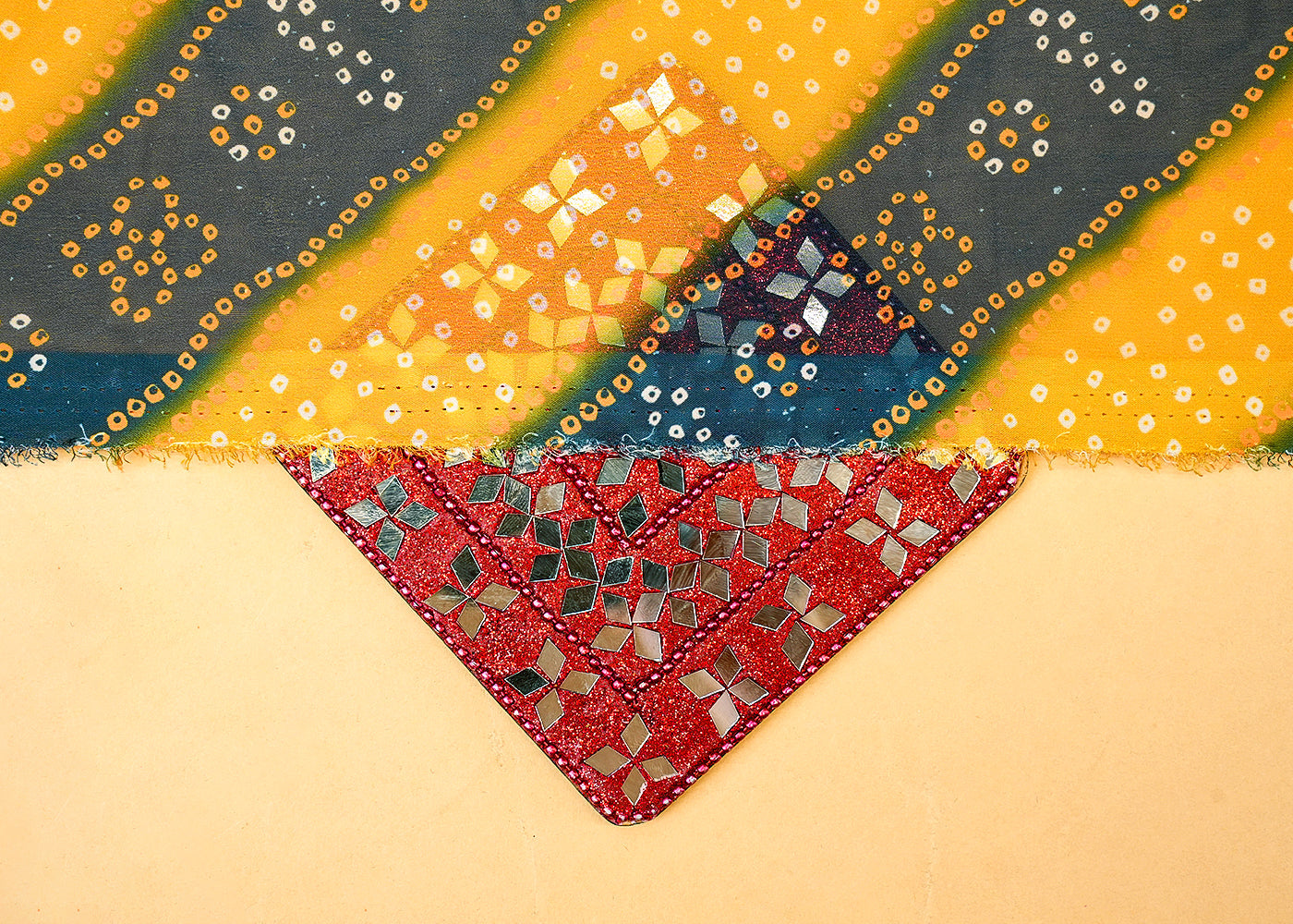 Yellow And Blue Georgette Fabric with Allover Diagonal Stripes of Bandhani 13991