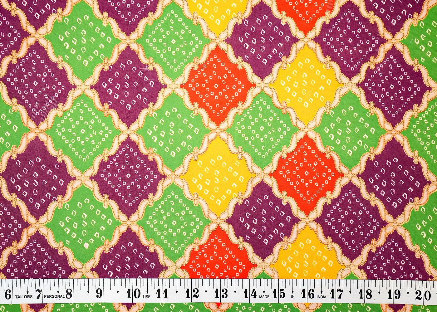 Green Georgette Fabric with Allover Bandhani Print in Check Pattern 13993