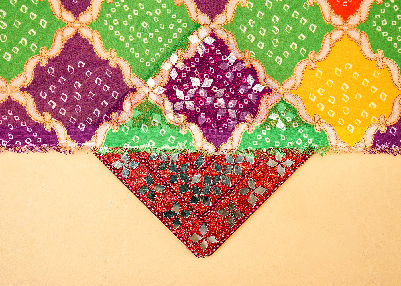 Green Georgette Fabric with Allover Bandhani Print in Check Pattern 13993
