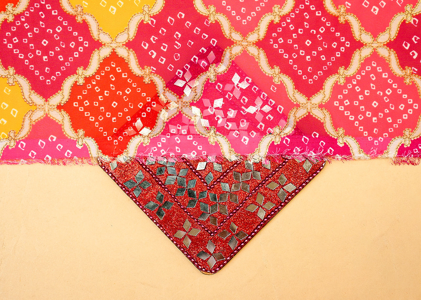 Pink Georgette Fabric with Allover Bandhani Print in Check Pattern 13994