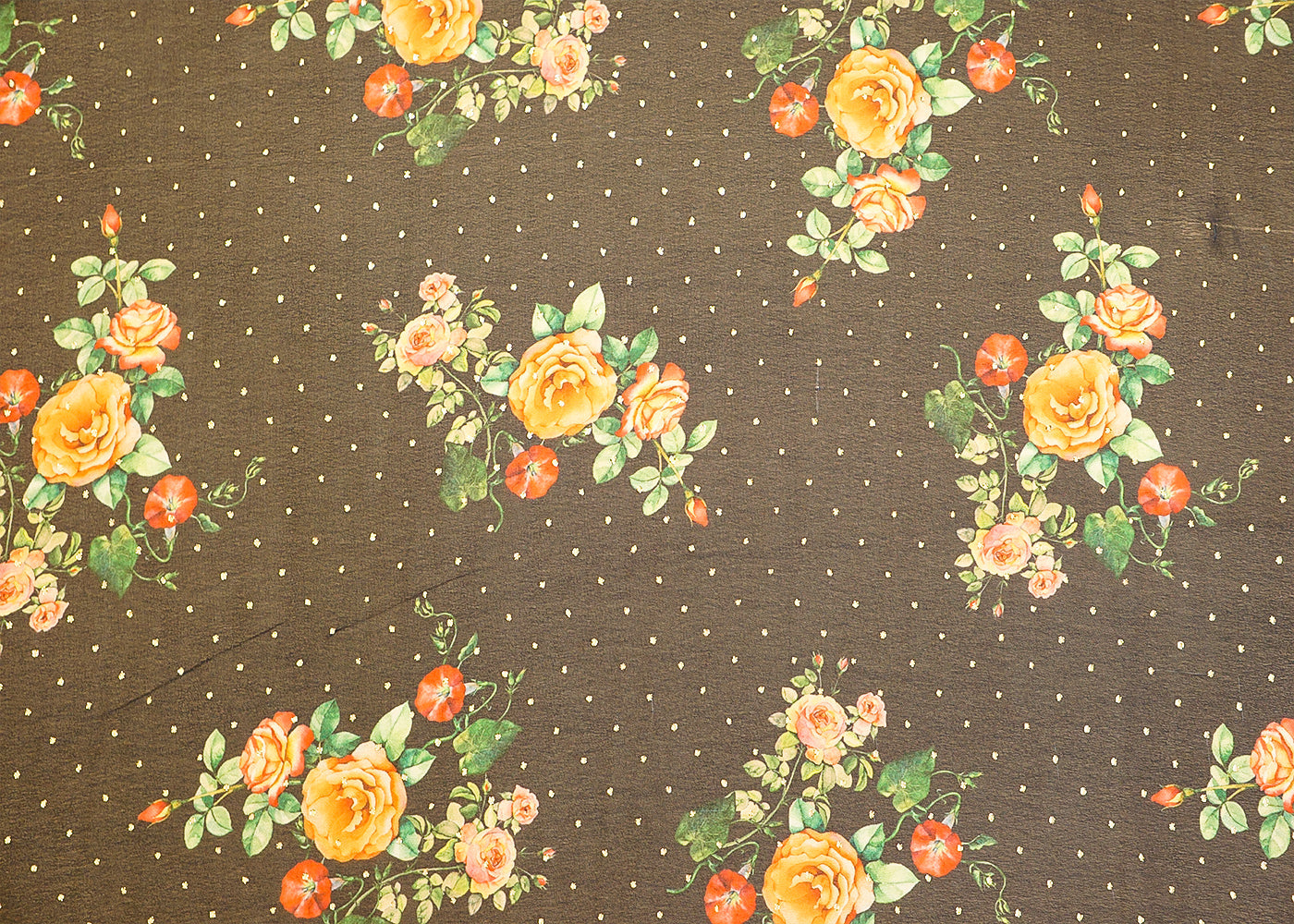 Charcoal Grey Georgette Fabric with Allover Floral Motifs and Golden Dots 13999