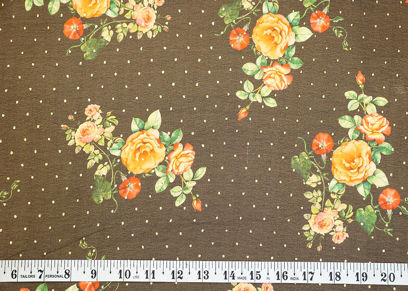 Charcoal Grey Georgette Fabric with Allover Floral Motifs and Golden Dots 13999