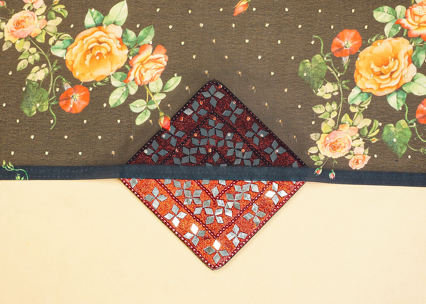 Charcoal Grey Georgette Fabric with Allover Floral Motifs and Golden Dots 13999