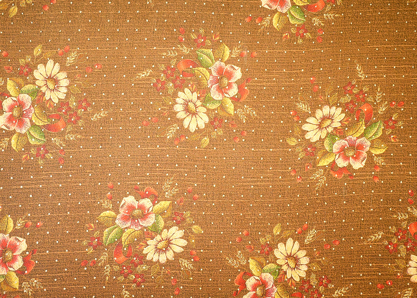 Brown Georgette Fabric with Allover Floral Motifs and Golden Dots 14000