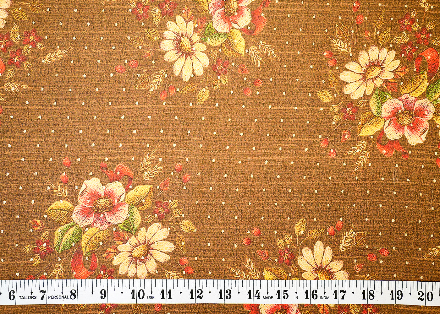 Brown Georgette Fabric with Allover Floral Motifs and Golden Dots 14000