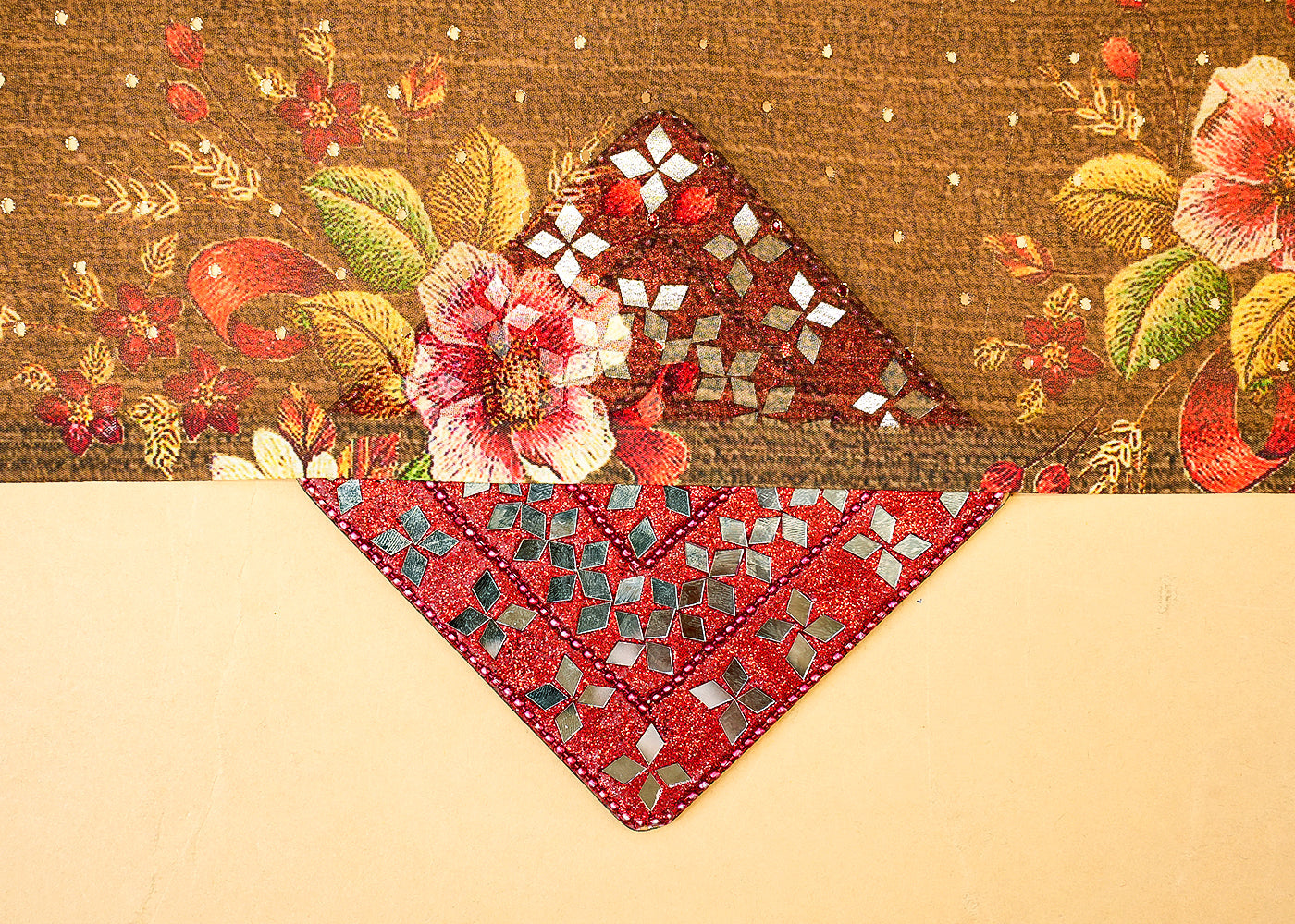 Brown Georgette Fabric with Allover Floral Motifs and Golden Dots 14000