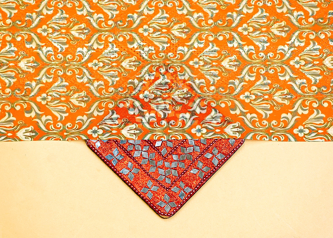 Orange And Green Georgette Dobby Fabric with Allover Traditional Motifs 14003