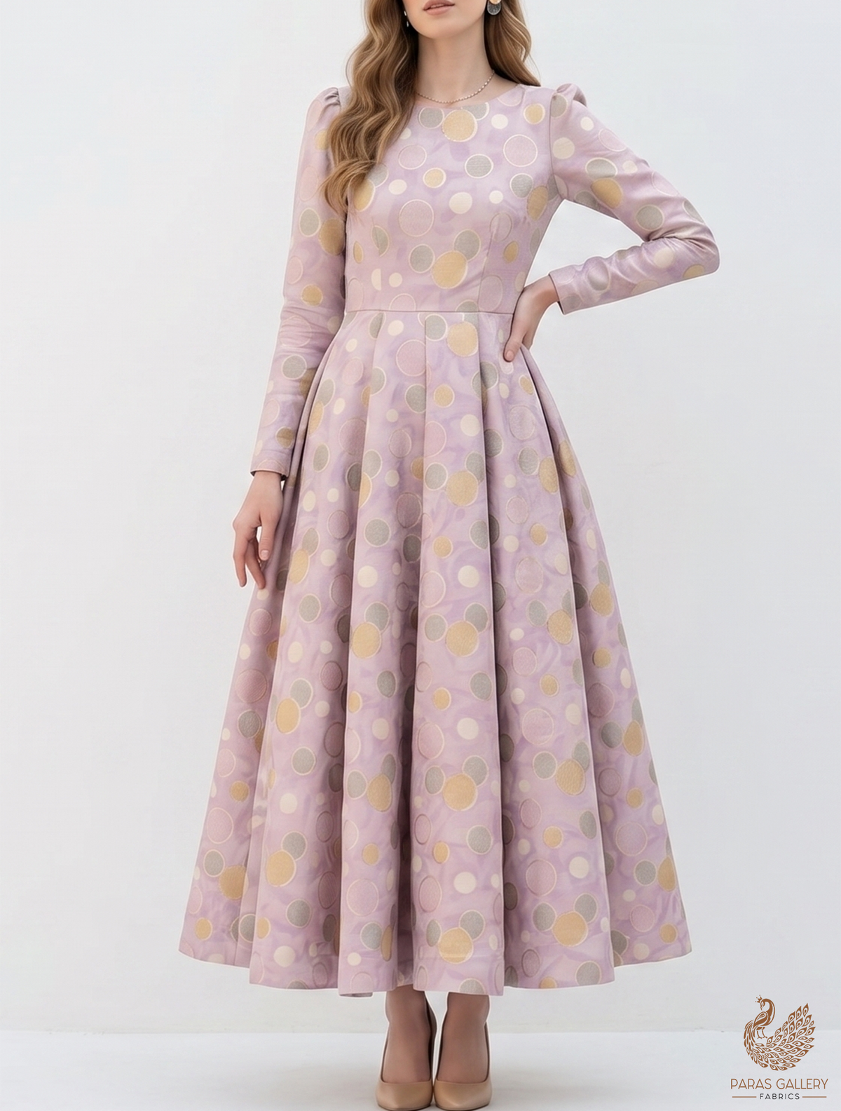 Lavender Chinon Chiffon Fabric with Allover Multi-Color Circles 14007
