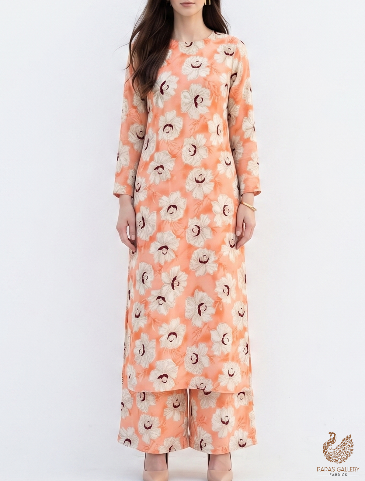 Peach Chinon Chiffon Fabric with Allover White Flowers 14012