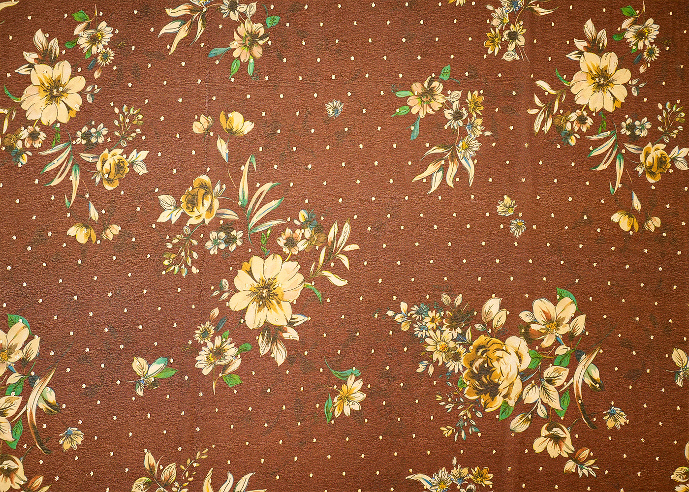 Brown Fox Georgette Fabric with Allover Floral Motifs and Golden Dots 14015