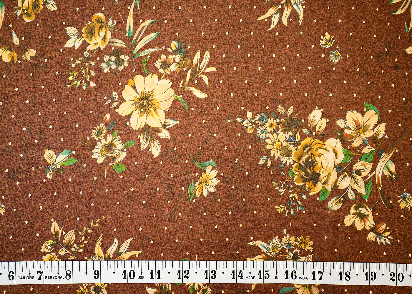 Brown Fox Georgette Fabric with Allover Floral Motifs and Golden Dots 14015