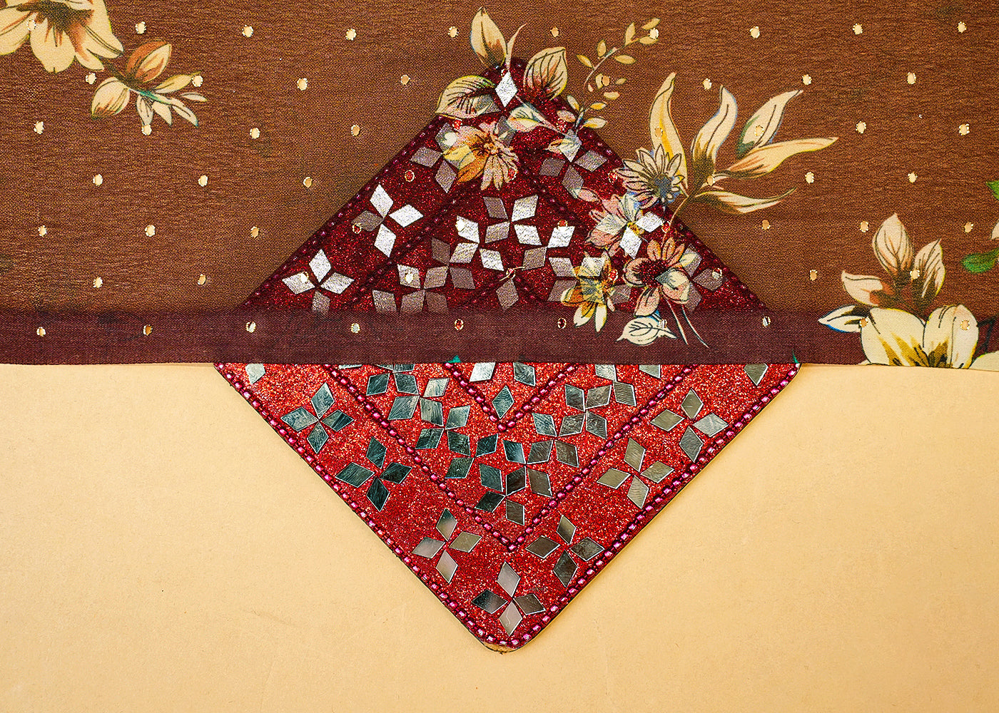 Brown Fox Georgette Fabric with Allover Floral Motifs and Golden Dots 14015