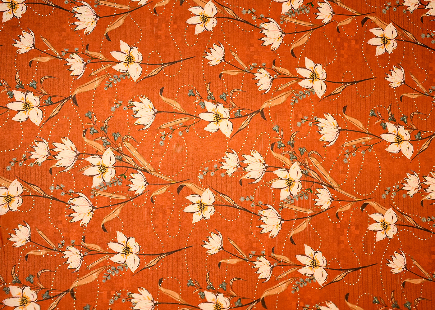 Brown Georgette Fabric with Allover Floral Motifs and Golden Dots 14018