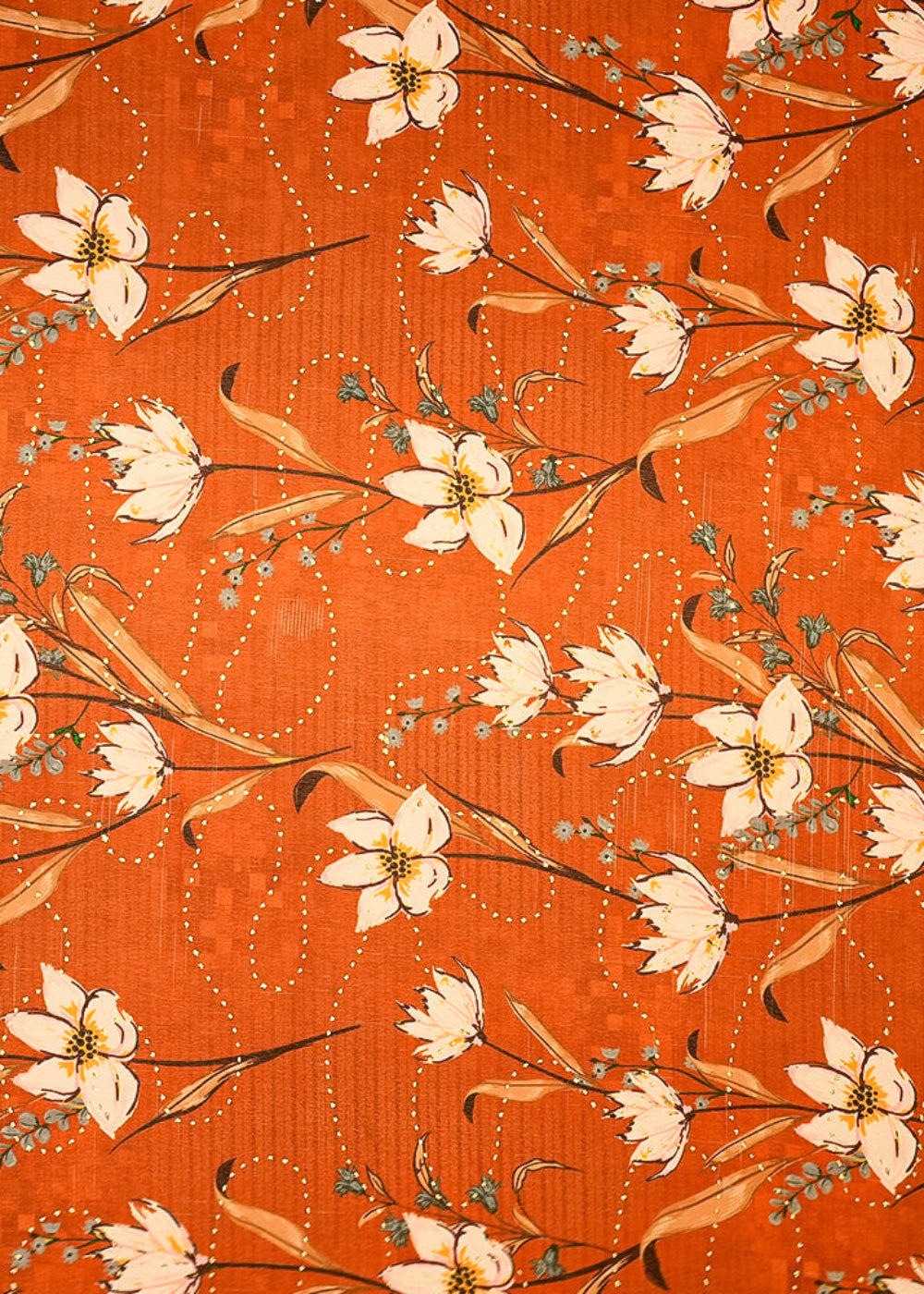 Medium-Brown-Georgette-Fabric-with-Allover-Floral-Motifs-and-Golden-Dots-14018