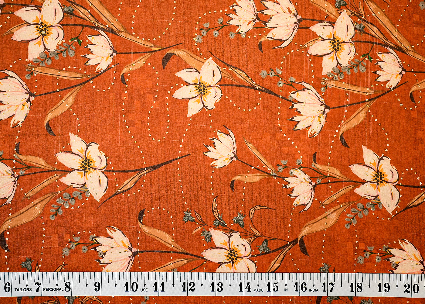 Brown Georgette Fabric with Allover Floral Motifs and Golden Dots 14018