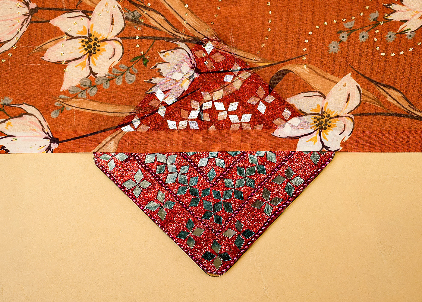 Brown Georgette Fabric with Allover Floral Motifs and Golden Dots 14018