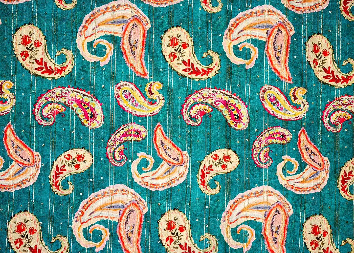 Light Teal Chanderi Fabric with Allover Paisley Print, Thread, and Sequins Work 14042