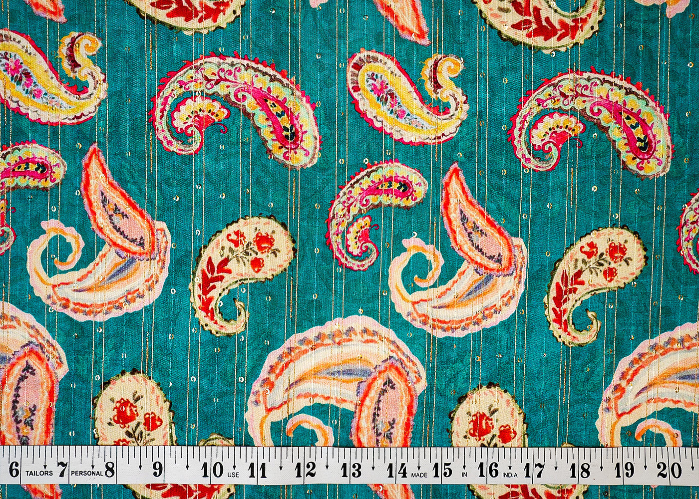 Light Teal Chanderi Fabric with Allover Paisley Print, Thread, and Sequins Work 14042