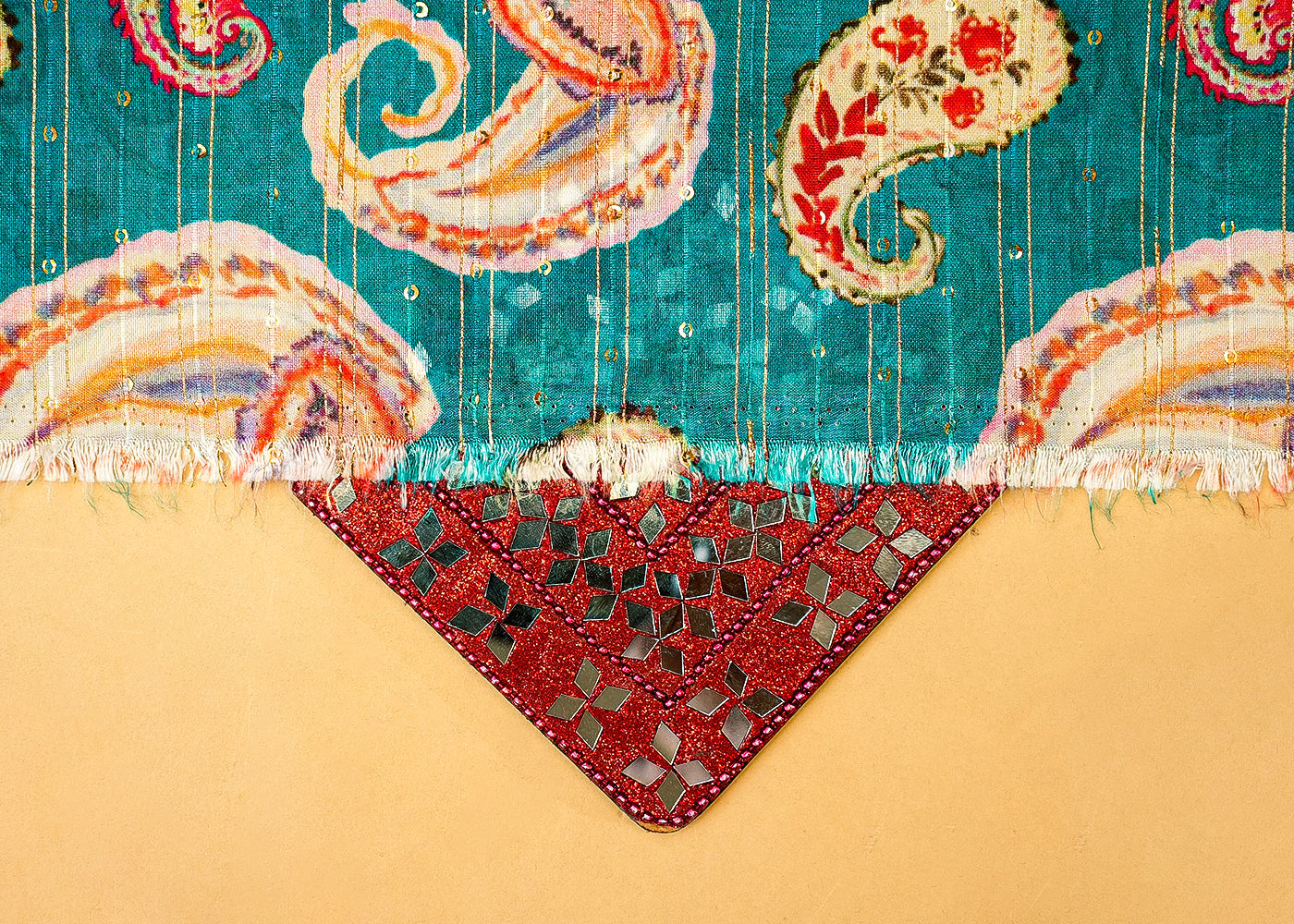 Light Teal Chanderi Fabric with Allover Paisley Print, Thread, and Sequins Work 14042