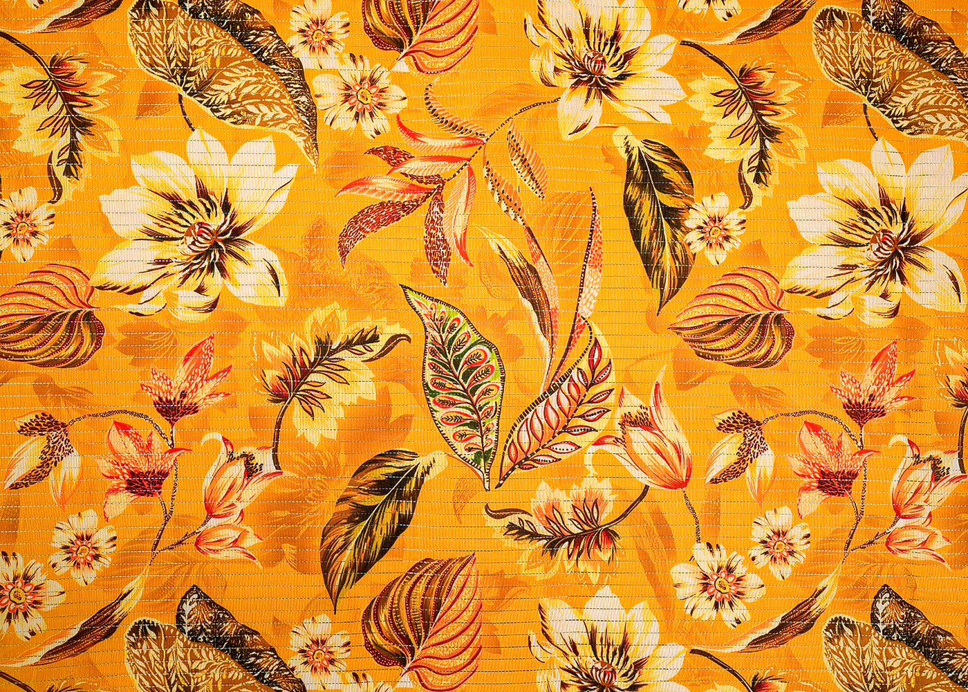 Mustard Chanderi Fabric with Allover Floral Print and Thread Lines 14046