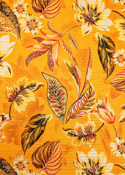 Mustard Chanderi Fabric with Allover Floral Print and Thread Lines 14046